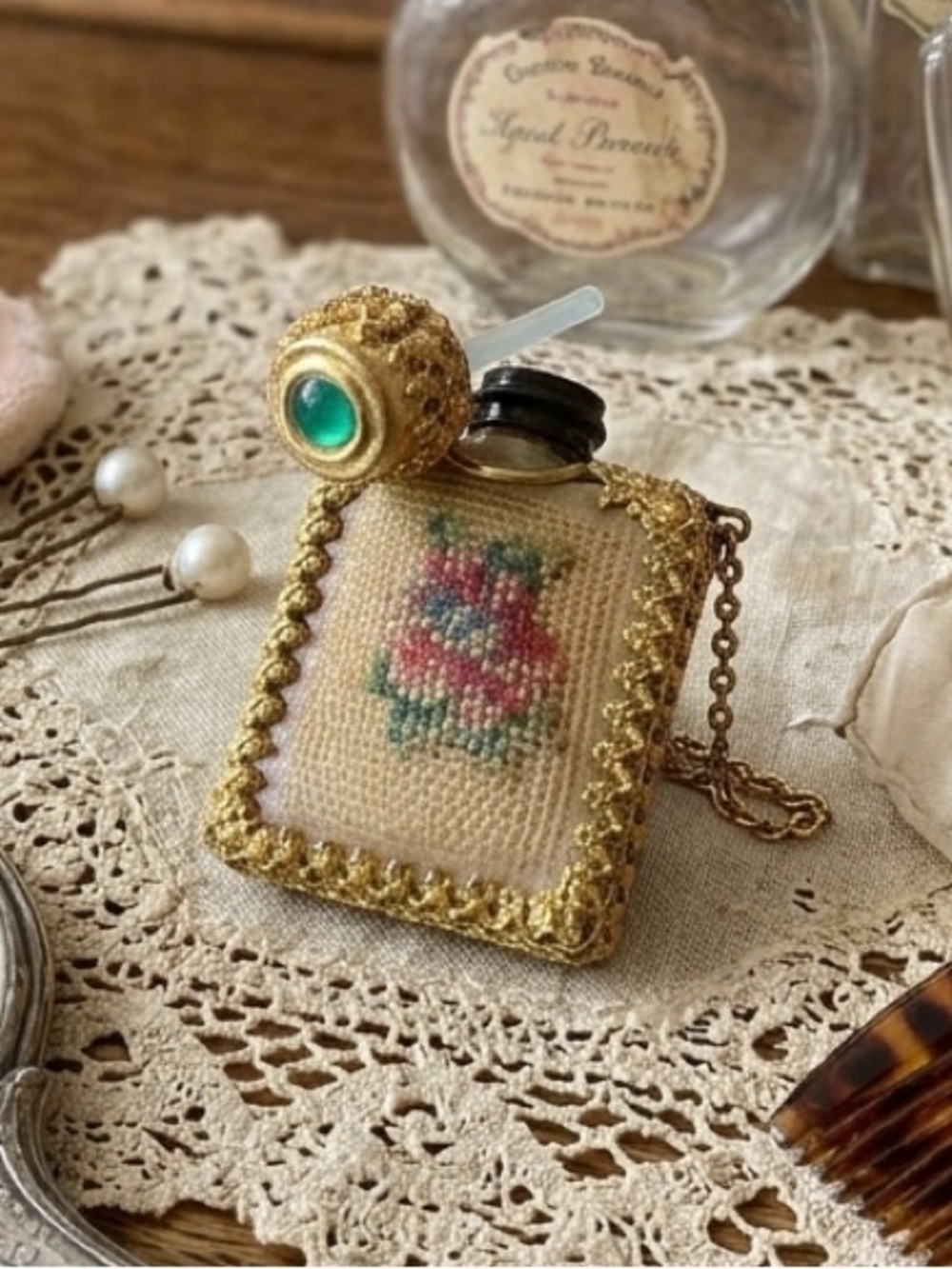 Vintage Edwardian style petite embroidery perfume amulet pendant